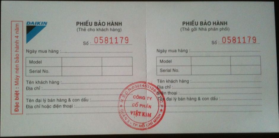 Sự thay đổi trên phiếu bảo hành của điều hòa Dakin chính hãng
